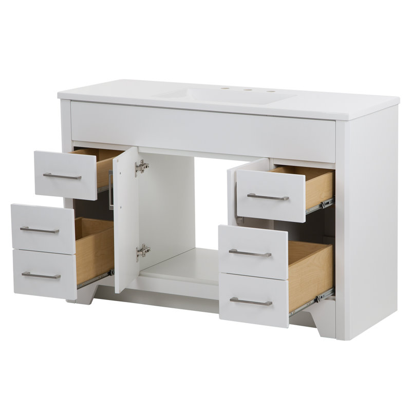 Meuble-lavabo simple à 4 tiroirs avec plateau en marbre de culture l 48,5 po Ayneka, Blanc