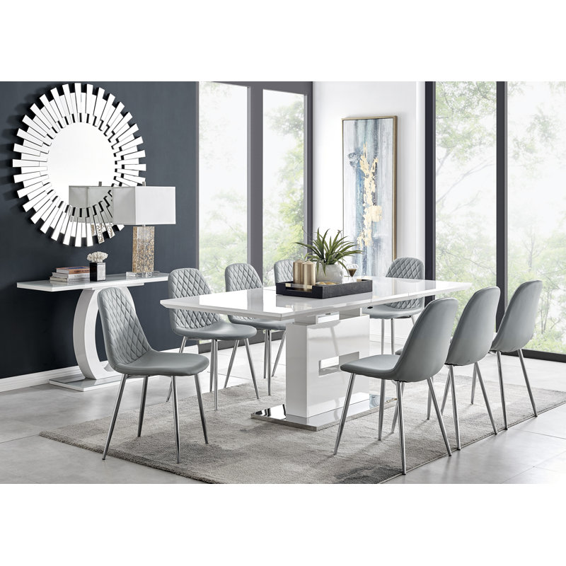Alezzo Modern High Gloss Extendable Dining Table Set with 8 Luxury Faux Leather Dining Chairs, Grey/Silver