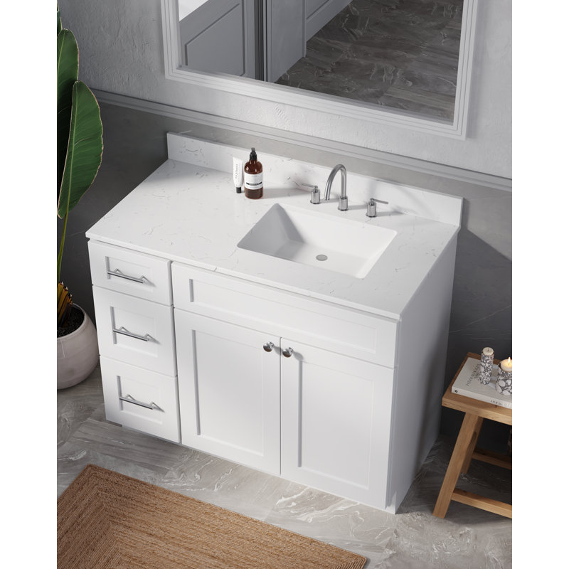 Meuble-lavabo simple 43 po avec plateau en quartz Disar, Blanc, Oui