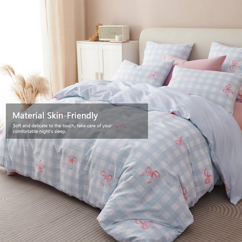 Duvet Cover Set Pink Bowknot And Blue Printed Designcozy Bedding Set Microfiber Comforter Cover With Zipper Closure