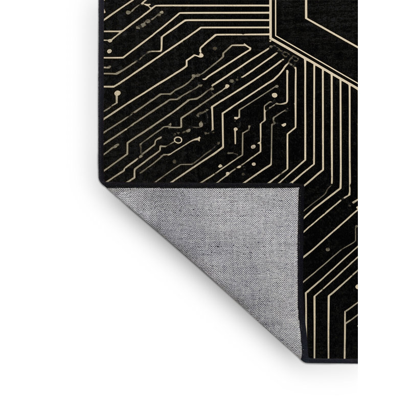 Machine Washable Oscor Computer Chip Diagram Modern Geometric Rug in Black – Black Binding, 6x9