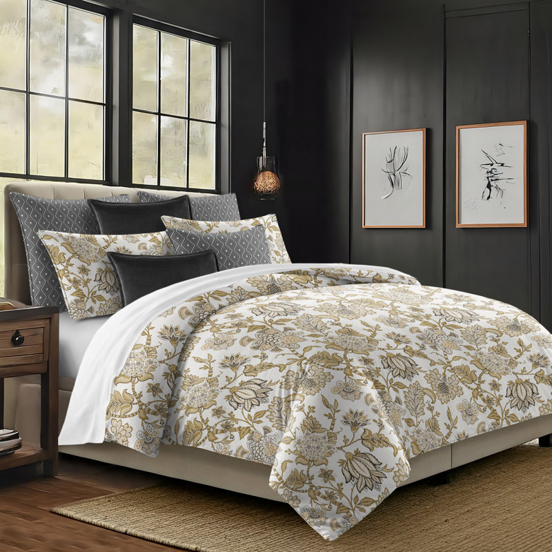 Bronte Gold Cotton Duvet Cover Set, Queen Duvet Cover + 7 Additional Pieces