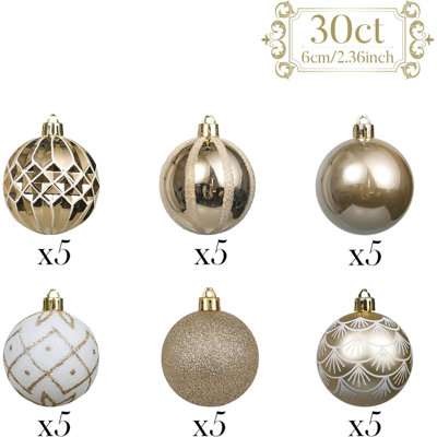 Ensemble d'ornements de Noël, décorations d'arbre de Noël incassables blanches et dorées 30 carats en vrac, ornements suspendus élégants pour arbres de Noël 2,36 pouces