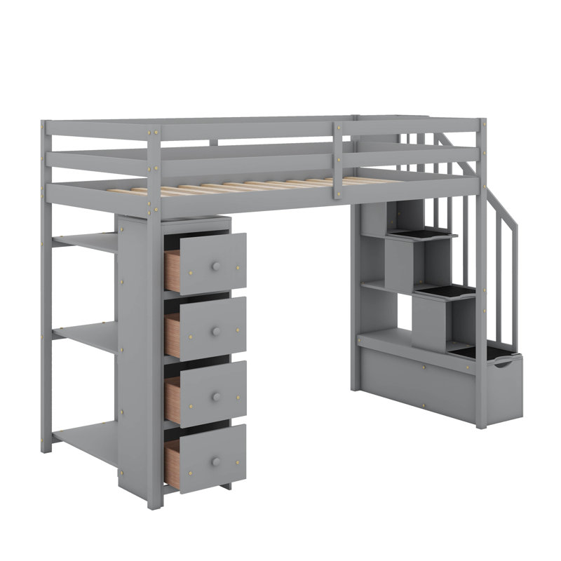 Lit mezzanine simple avec tiroirs et escaliers, Gris