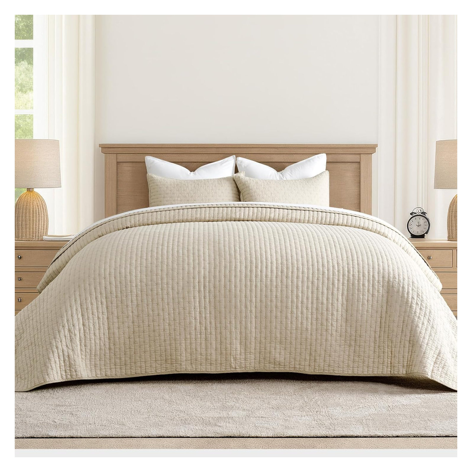 Cross Stitch Cotton Quilt set, Flax Beige, Oversized CalKing Quilt+2Oversized Cal King Shams