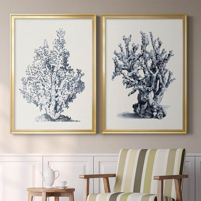 Blue Antique Coral I - ensemble de 2 reproductions d'art sur toile encadrées, Or, H 42,5 po x l 61 po x P 1,25 po