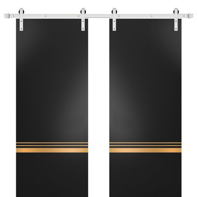 Porte de grange double robuste avec quincaillerie Planum 2010 Noir mat, supports de rail de 13 pi, portes intérieures modernes à panneaux pleins - 84 po x 96 po (2 x 42 po x 96 po) - Rail argenté