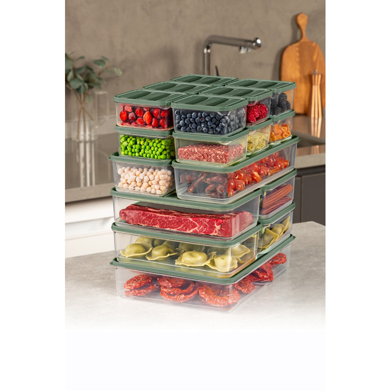 Ensemble de boîtes de rangement polyvalentes vertes (19 pièces), 11 x 12 x 3 pouces (2), 9 x 6 x 3 pouces (4), 4 x 4 x 2 pouces (12), 9 x 11,5 x 2,5 pouces (1) | 100% plastique, va au lave-vaisselle | Idéal pour organiser vos essentiels de cuisine et de maison