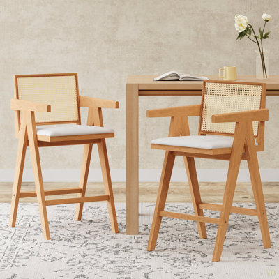 27" Height, Woven Cane Plastic Backrest Bar Stool - Foam-Padded Fabric Seat & Durable Rubberwood Frame