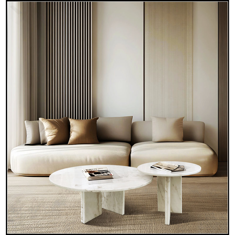 Ensemble de tables basses luxueuses en marbre, petites et grandes tables pour l'élégance du salon, Blanc