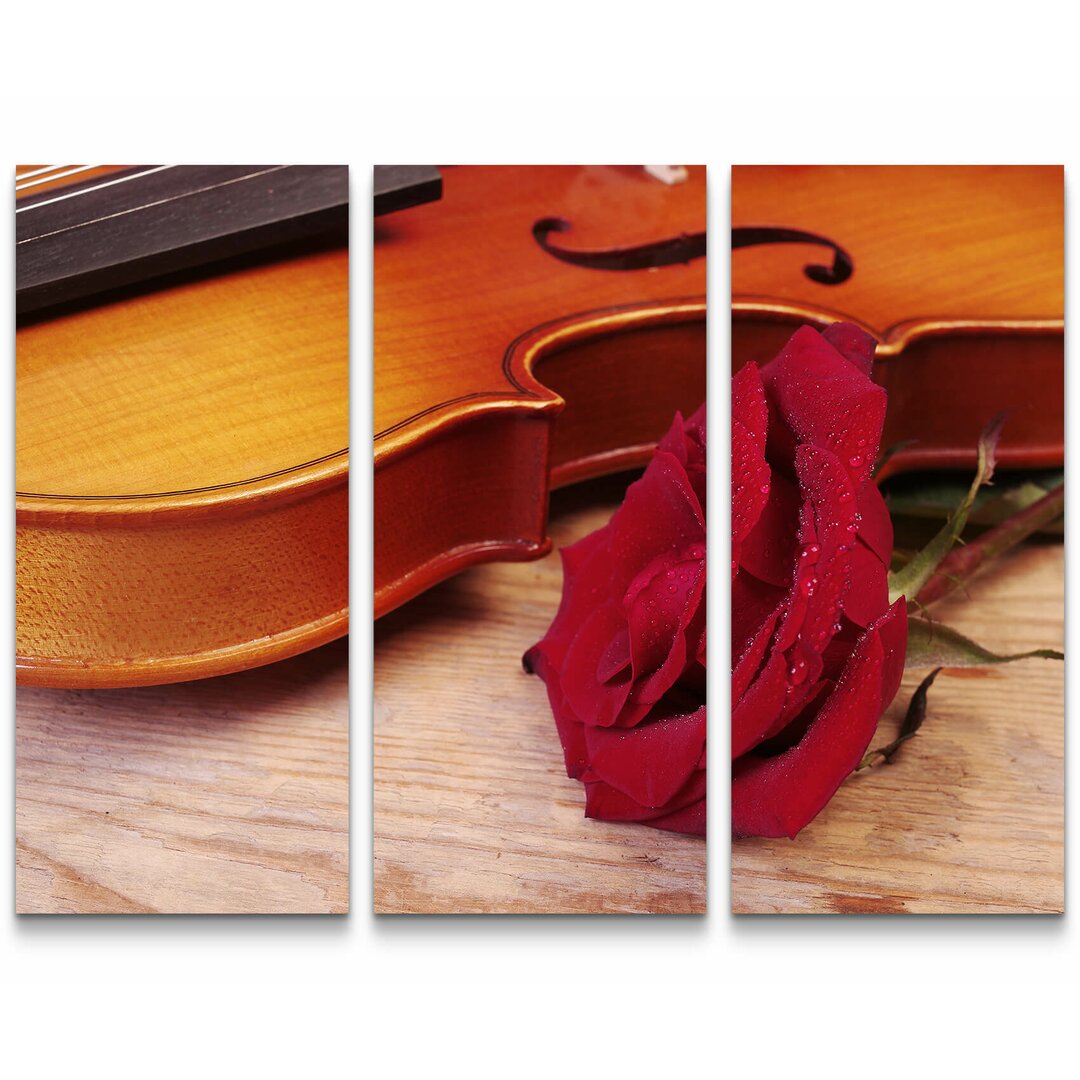 3-tlg. Leinwandbilder-Set Violine mit roter Rose