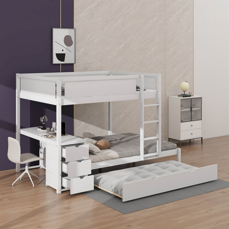 Lit superposé double avec lit gigogne simple, rangement et bureau, Blanc