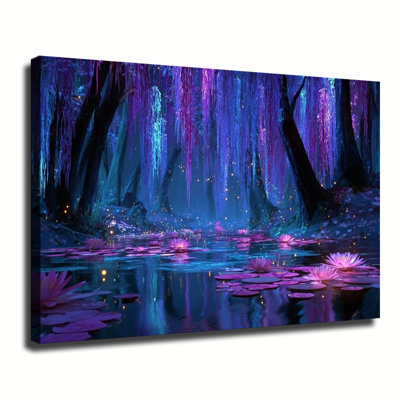 Magical Enchanted Forest With Purple Wisteria And Glowing Lotus, Large Gallery Wrapped Canvas Wall Art Print For Living Room Bedroom