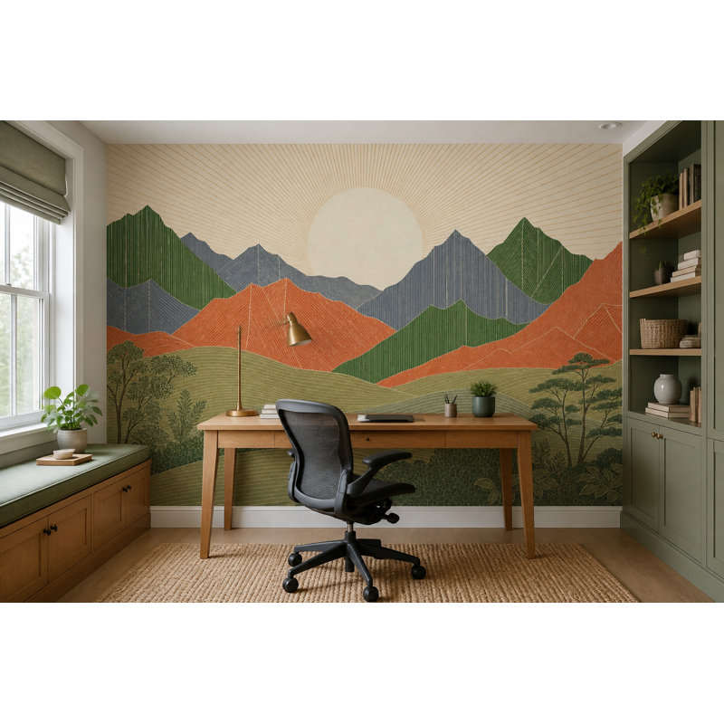 Décoration murale de montagne de style moderne du milieu du siècle, paysage scandinave de lever de soleil, 180"x120"