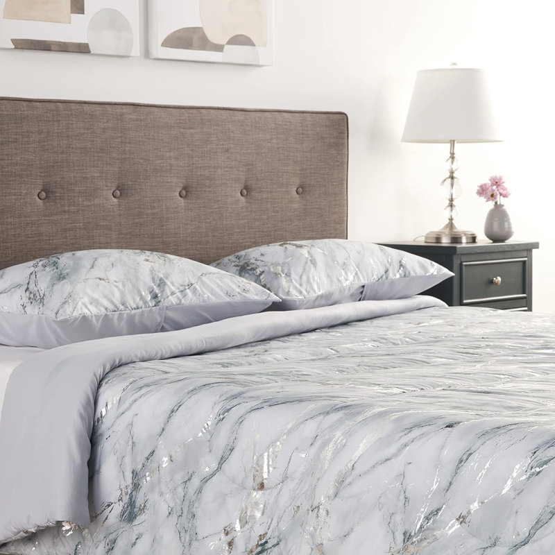 Ensemble d'édredon en marbre métallique, Grand lit + 2 taies d'oreiller standard, Argent argent