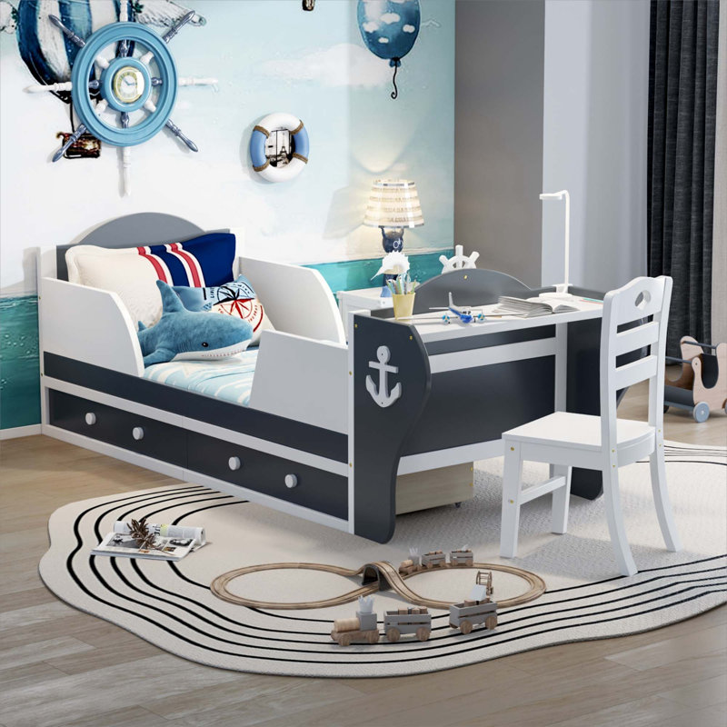 Lit plateforme simple à 2 tiroirs Palos avec bureau intégré par Sunside Sails