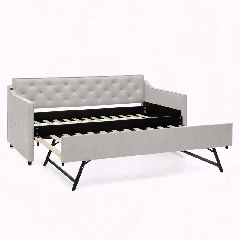 Upholstery DayBed Pop-up Trundle USB Charging Design, Beige