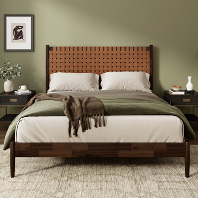 Solid Acacia Wood  Queen Size Platform Bed with Hand-Woven Vegan Leather Headboard, Mid-Century Modern Style Bed Frame, No Box Spring Needed,Dark Brown