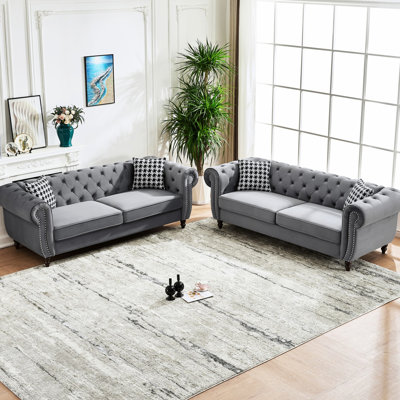Gray 3+3 Seater Velvet , Mid Century Design For Living Room, Solid Pine Frame, Comfortable Foam Filler In Velvet, Apartment, Spacious And With 450 Lbs Capacity, High - Density Cushion