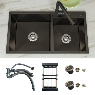 MEJE 78x43cm Black Stainless Steel Kitchen Sink, 60/40 Double Bowl, Anthracite Black Color