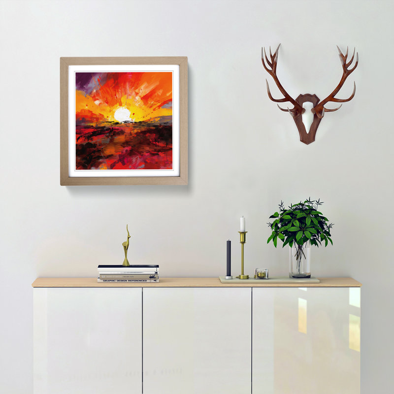 Sunset Gestural Art No.1 - Single Picture Frame Print on Wood, Oak