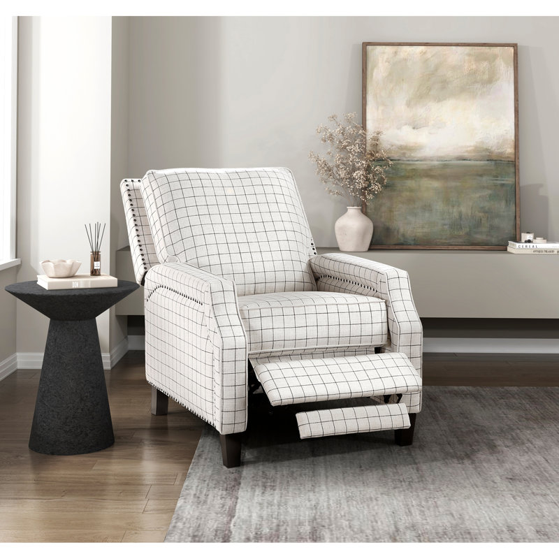 Fauteuil inclinable par pression avec des nuances de style transitionnel, structure en bois massif, système de ressorts rembourrés de mousse, revêtement texturé, détails cloutés, dossier amovible, capacité de poids de 300 lb
