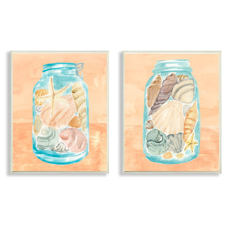 «Beach Shells In Jar Blue Orange» par Annie Warren, ensemble de 2 reproductions d'art, H 15 po x l 10 po, Plaque en bois