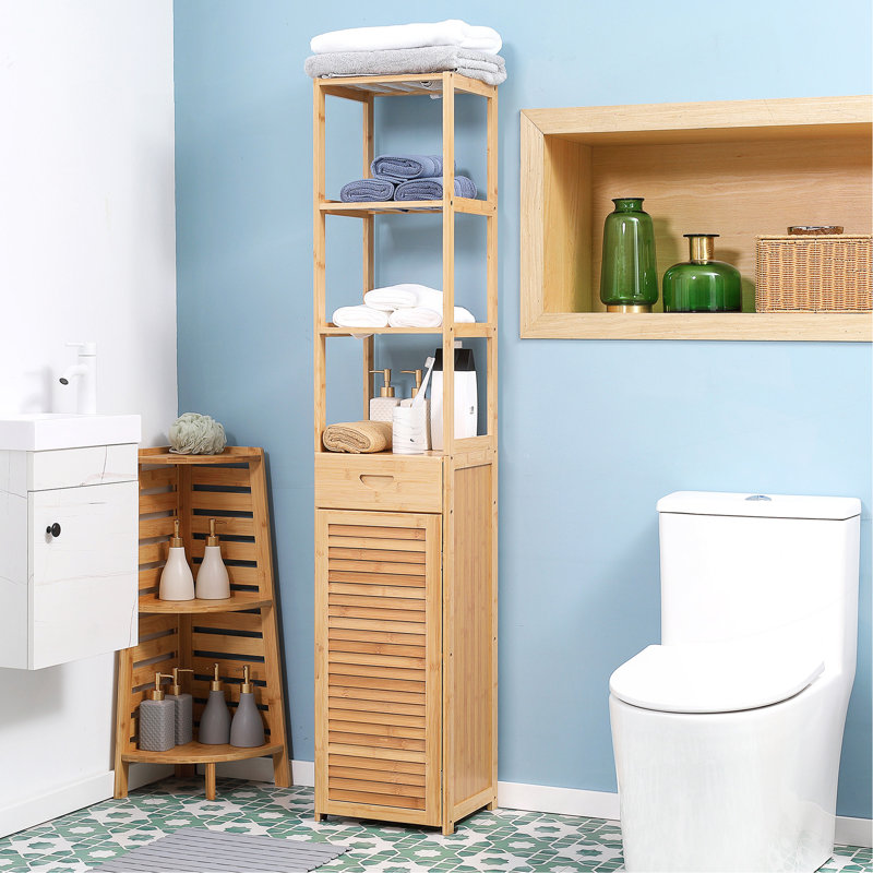 Tall Bathroom Cabinet With Drawer And Slatted Shelves, Slim Bamboo Linen Tower With Louvered Door