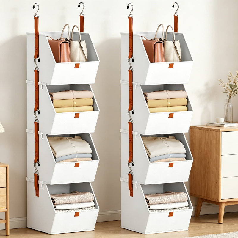 Hanging Closet Organizer 4 Tier, Clothes Hanging Shelves with Fabric Storage Bins, Space-Saving Collapsible Closet System for Bedroom, Dorm, RV, White, 8 Pack