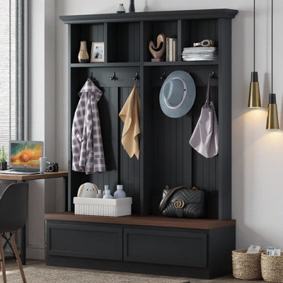 Farmhouse 4-in-1 Hall Tree with Wood Grain Bench & 2 Large Drawers | Mudroom Coat Rack with 6 Hooks & Open Storage | Entryway Organizer for Hallway, Living Room, or Mudroom