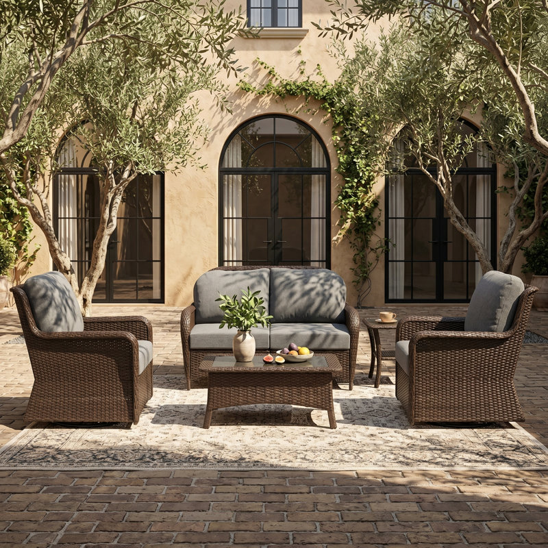 4-Person Outdoor Wicker Conversation Set with Cushions, Swivel Chairs & Coffee Table - Weatherproof Patio Sofa Set