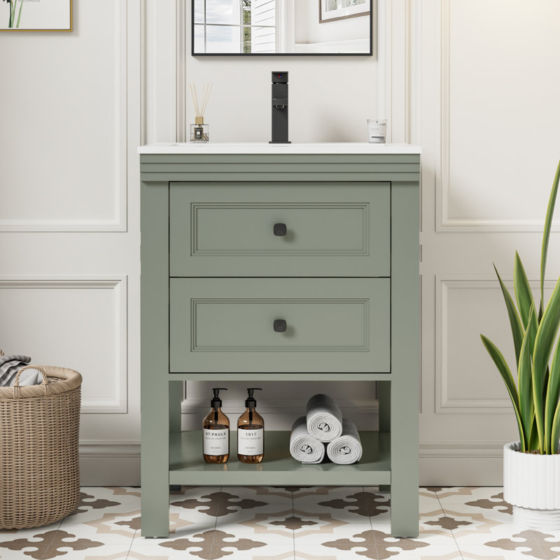 Daum Sharee 24" Single Bathroom Vanity With Ceramic Sink Top, 2 Smooth Drawers, Faucet, Green