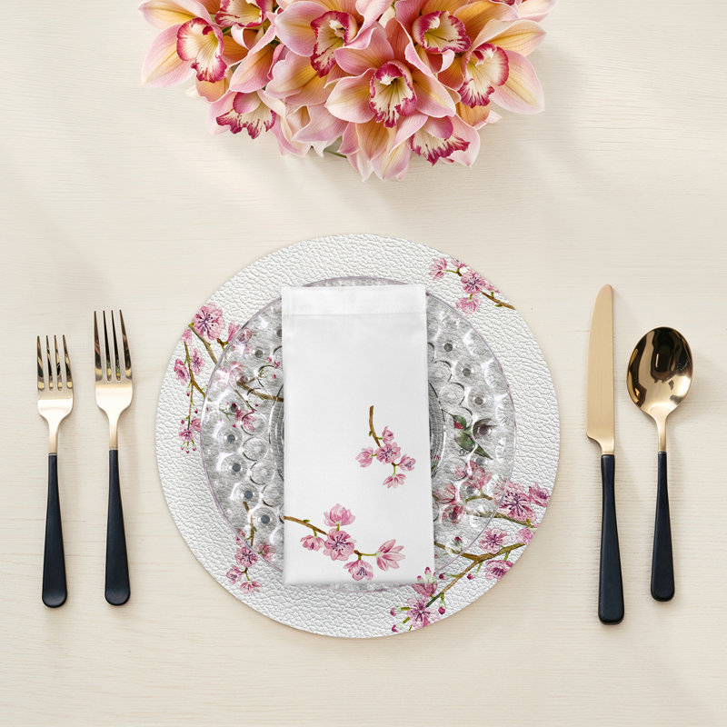 Blossom Fantasia Hemstitch 22" Linen/Cotton Napkin, White/Pink