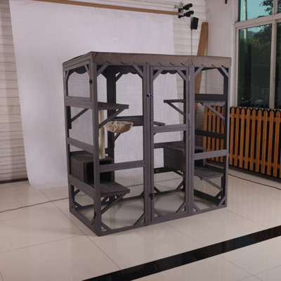 Large Catio Outdoor Cat Enclosure With Scratch Post, Hammock, Wood Catio Walk In Cat House, Kitty Shelter Indoor With Waterproof Roof