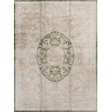 Vintage European Influenced Green Floral Medallion Silk Chinese Rug