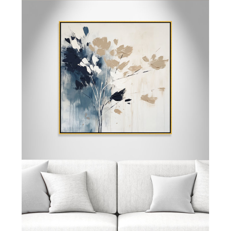 «Bliue Earthly Neutralité I» par Irena Orlov, L 37,5 po x H 37,5 po, Toile avec cadre, Flotteur doré