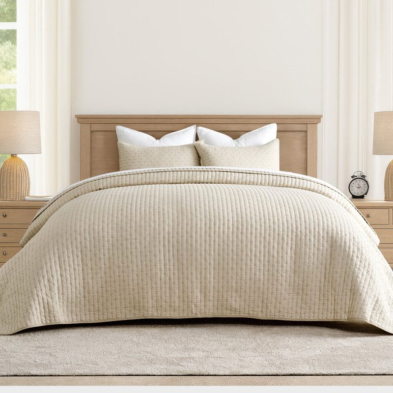 Cross Stitch Cotton Quilt set, Flax Beige, Oversized California King + 2 Shams
