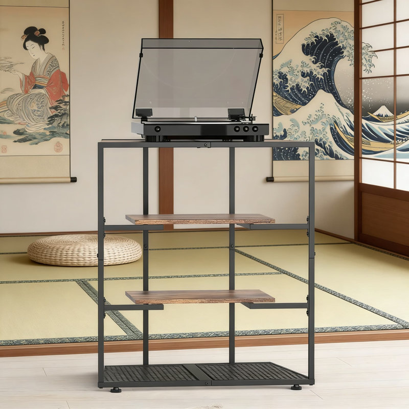Support multimédia à 4 niveaux pour console de jeu, tourne-disque et équipement audio avec tablettes réglables, conception d'angle et gestion des câbles