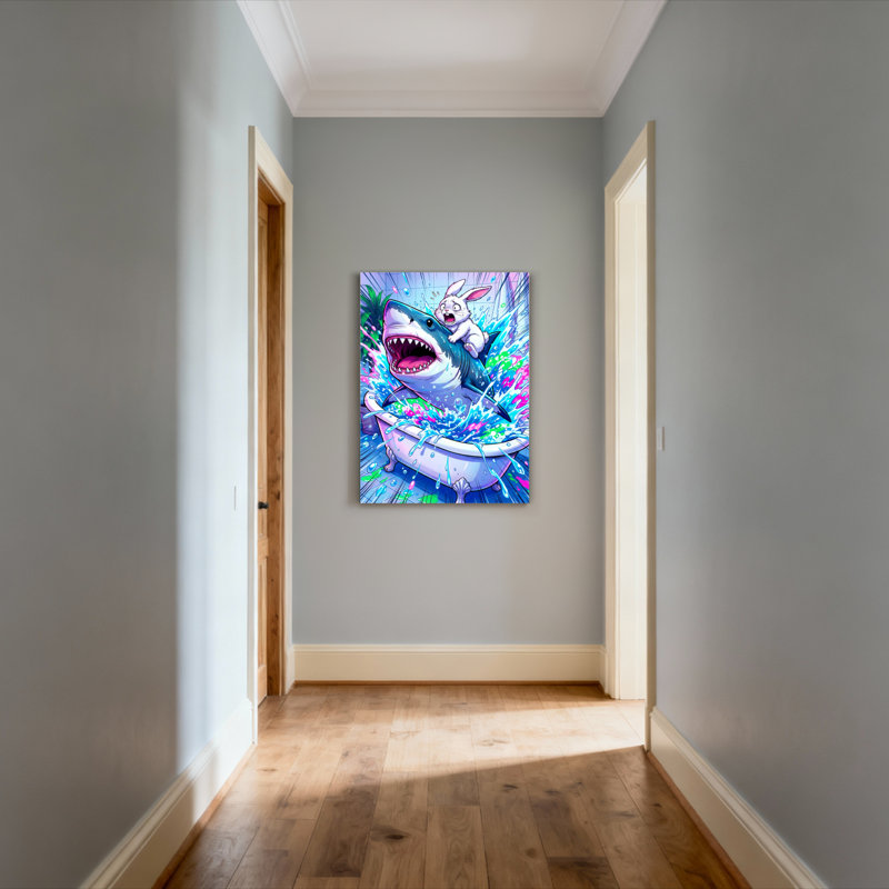 Shark And Bunny In Bathtub Canvas Wrapped Wall Art Oil Painting Print Set Of 1, 36" H x 24" W