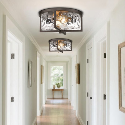 Kitchen Ceiling Light Fixtures, 14" Flush Mount Ceiling Light, Modern Close To Ceiling Light Fixtures, Hammered Glass Flush Ceiling Light Antique Ceiling Light For Kitchen,Dining Room,Hallway(Oil Rubbed Bronze)