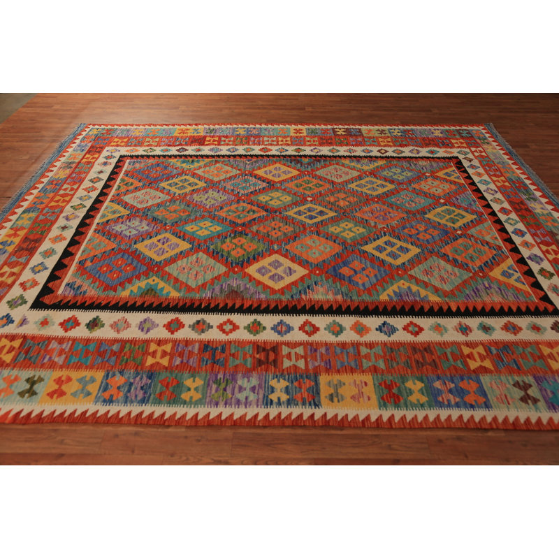 Tapis oriental orange en laine à motif treillis kilim 8 x 10