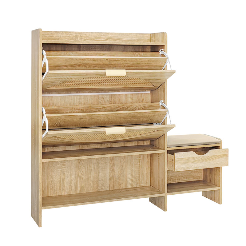 Range-chaussures brun avec portes. Tiroirs rabattables, espace de rangement. Pour le rangement du salon et du couloir. Banc d'entrée réglable et confortable