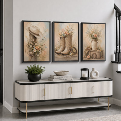 Western Cowboy Boots and Wildflower Artwork, Bedroom Pictures, Framed Canvas Giclee Print 3 Pieces Wall Art