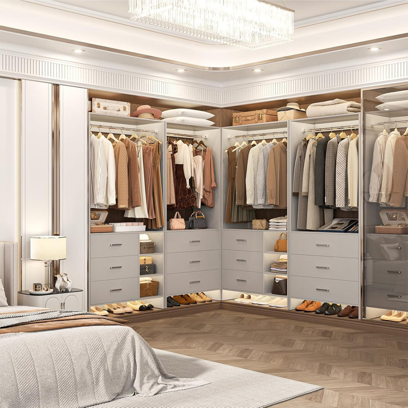 Système d'organisation 53,2 po avec tiroirs en bois et tringles de suspension, Gris