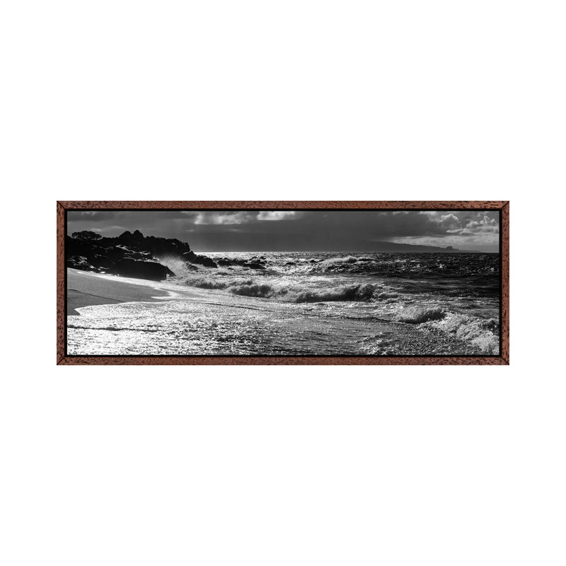 Black And White Landscape With Beach And Waves In Sea, Maui, Hawaii Islands, USA - Panoramic Print on Canvas