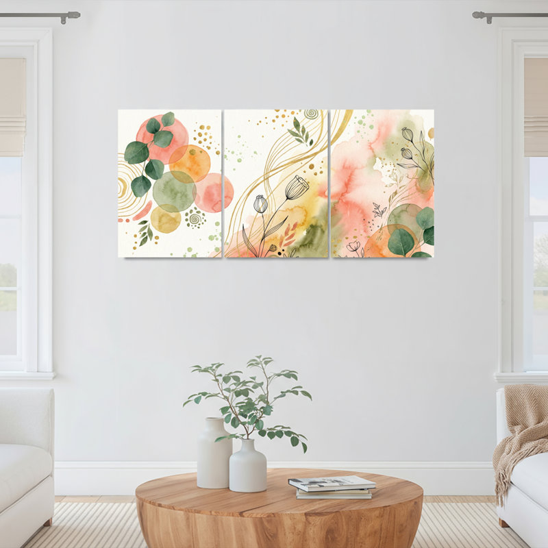 Abstrait art floral aquarelle sur toile tendue ensemble de 3 pour salon chambre à coucher, H 24 po x l 48 po