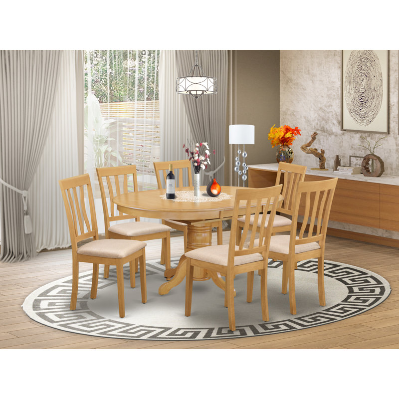 7 Piece Kitchen Table Set Consist of an Oval Dining Table with Butterfly Leaf and 6 Linen Fabric Dining Room Chairs, Oak, Oak