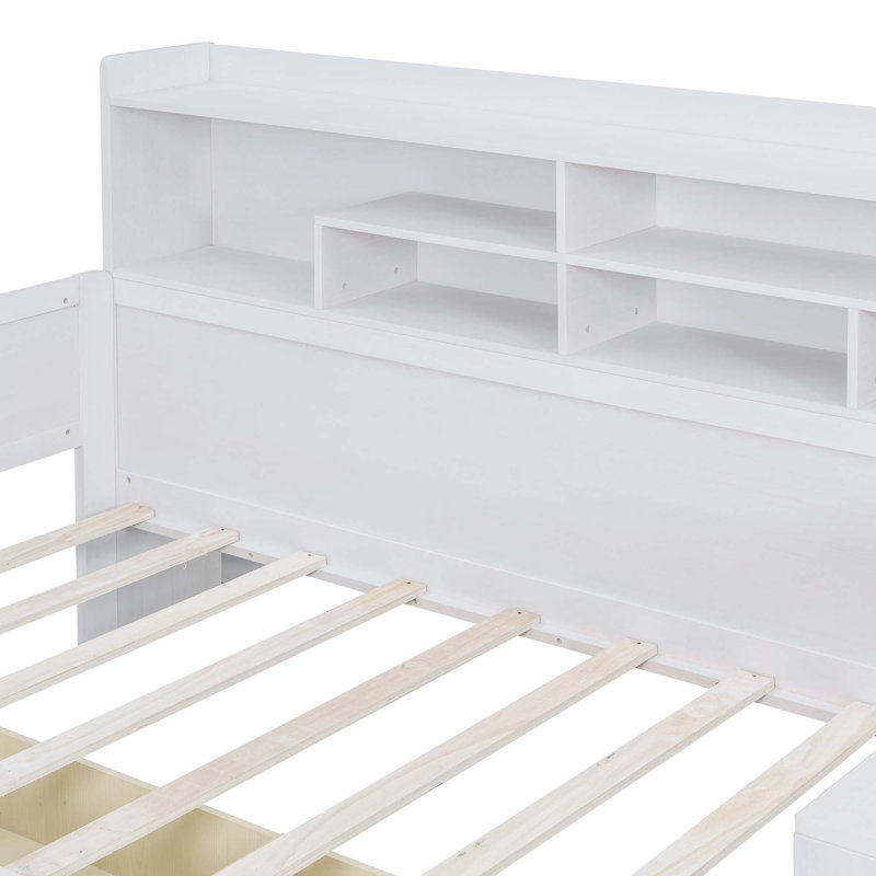 Wooden  Multi-Functional Daybed With Storage Shelves, 2 Storage Drawers And  Study Desk, Antique White, Twin