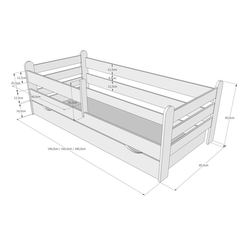 Thaxton Cabin Bed with Storage Included, 80 x 140 cm, White/Gray