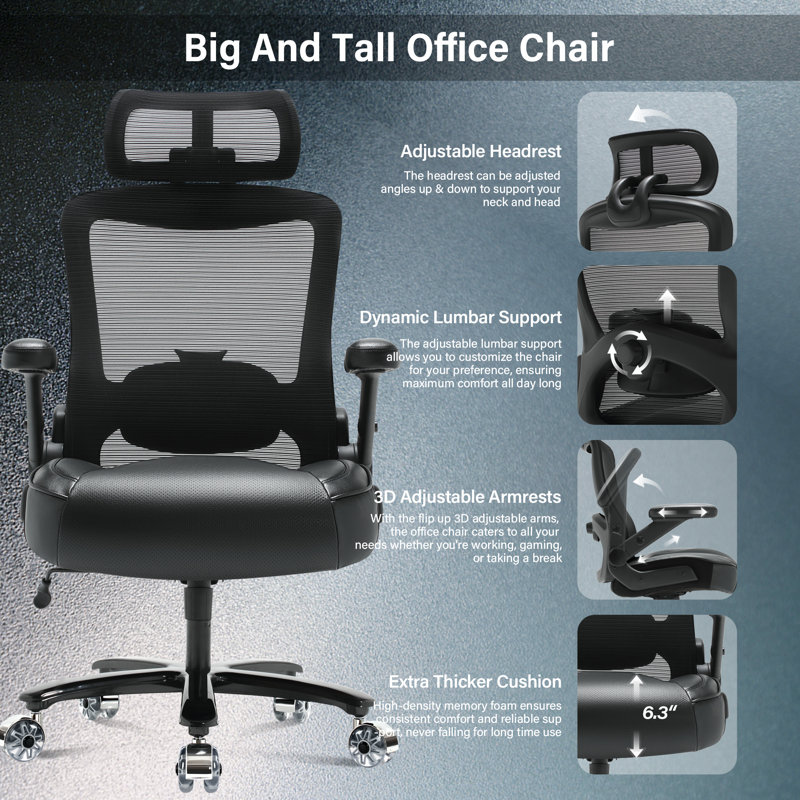 Grande et grande chaise de bureau avec accoudoirs relevables 3D Lorah 500 lb, Noir